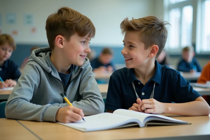 Deux collégiens comparant leurs notes et résultats scolaires dans une cafétéria d'établissement scolaire