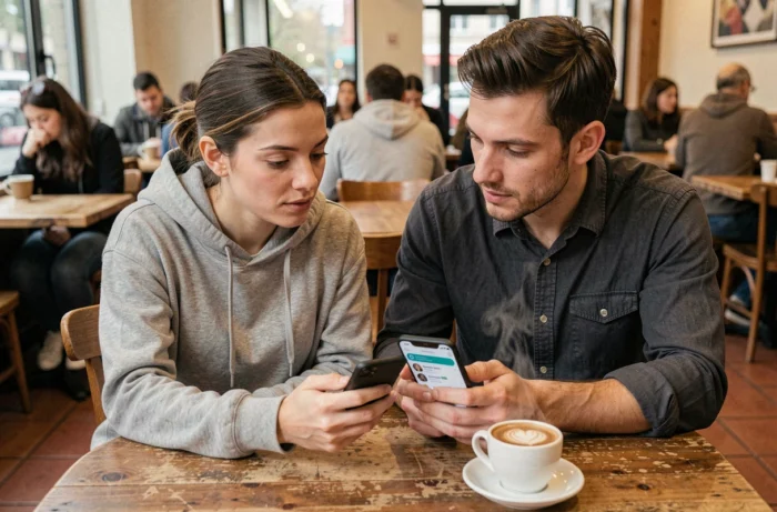 Deux collègues consultant une alternative confidentielle à Twitter sur smartphone dans un café urbain