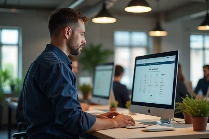 Homme en espace de coworking comparant des annuaires web alternatifs sur un ordinateur de bureau