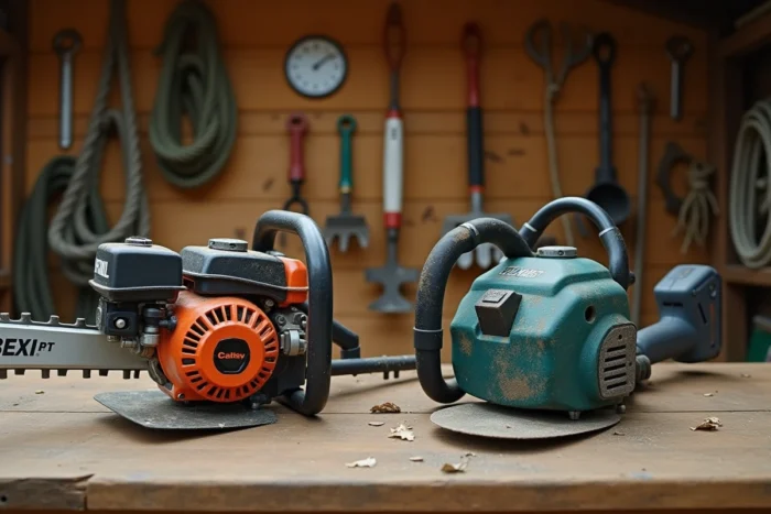 Comparaison côte à côte d'une débroussailleuse thermique et d'une débroussailleuse électrique sans fil posées sur un établi en bois dans un atelier de jardin
