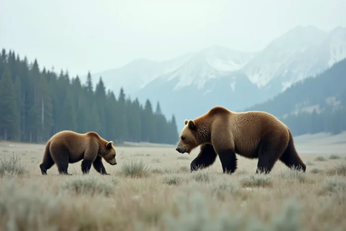 Comparaison de taille entre un grizzly et un ours brun européen marchant côte à côte dans une prairie subalpine