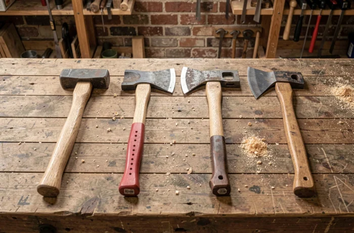 Comparaison de différents types de haches disposées sur un établi en bois dans un atelier, pour aider au choix