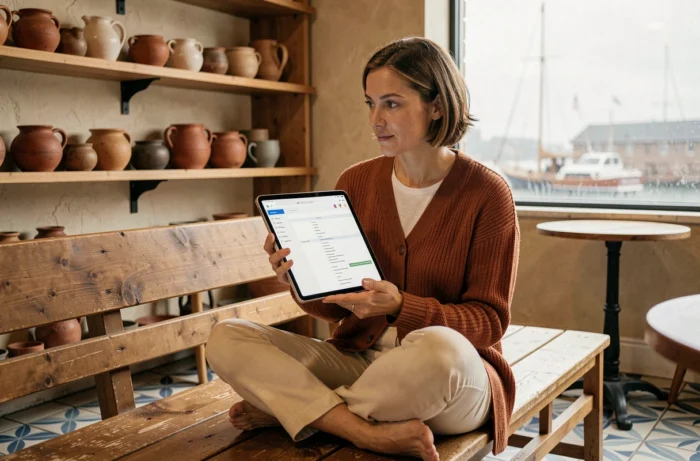 Femme consultant le plan du site Little Breizh sur une tablette dans un café traditionnel breton