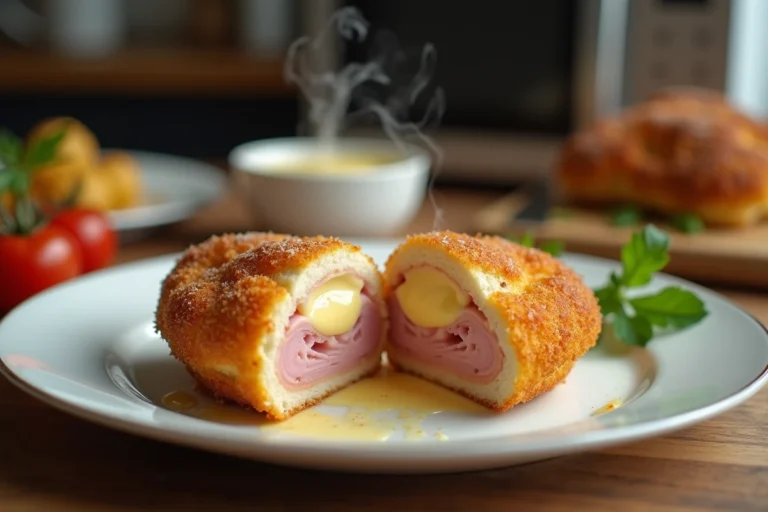 Cordon bleu cuit au micro-ondes coupé en deux révélant le fromage fondu et le jambon, servi sur une assiette blanche avec persil frais