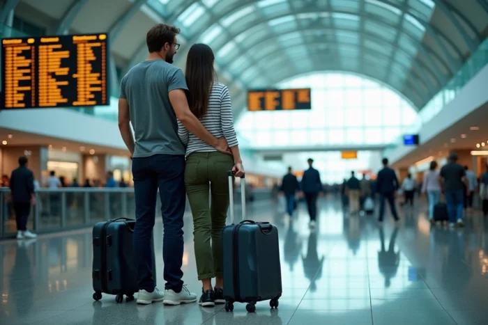 Couple de voyageurs avec des valises dans un terminal d'aéroport international consultant le tableau des départs