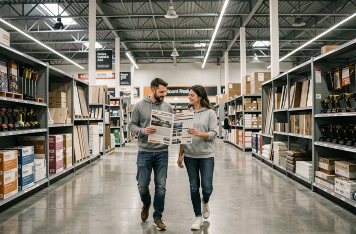 Couple consultant un guide horaire dans le rayon d'un magasin Leroy Merlin