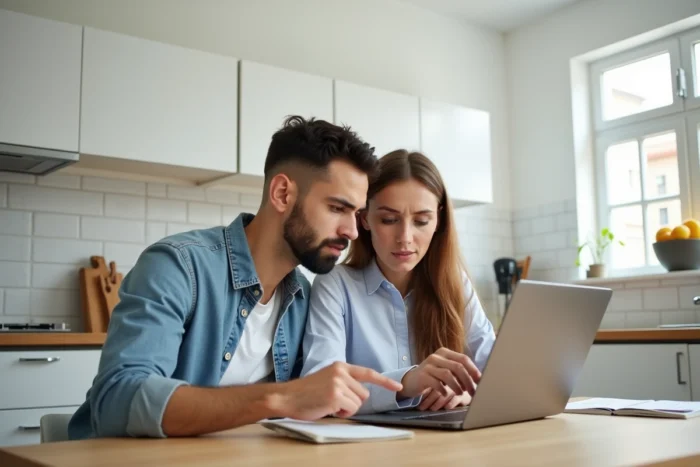 Couple examinant ensemble une estimation immobilière en ligne sur un ordinateur portable dans une cuisine moderne