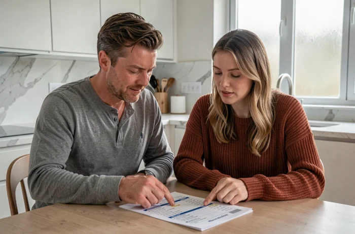Couple étudiant ensemble les modalités d'un crédit immobilier modulable à la maison