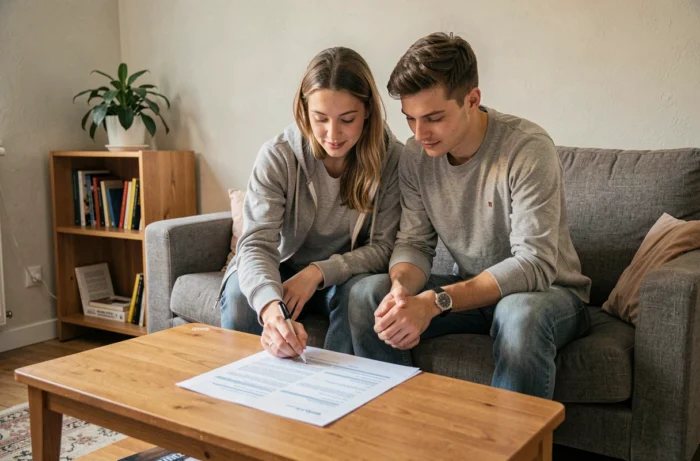 Jeune couple locataire en train de compléter une attestation de loyer pour la CAF