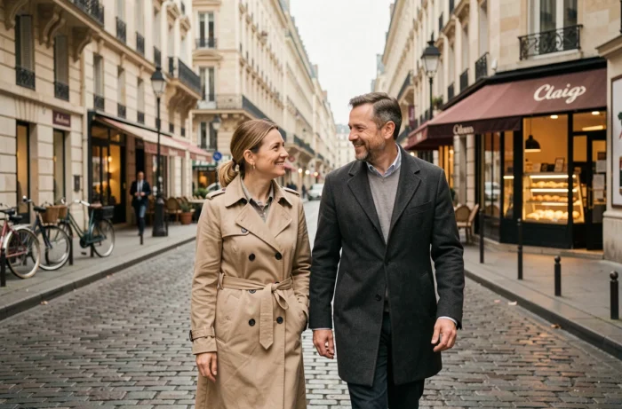 Couple élégant se promenant dans une rue parisienne pavée avec des immeubles haussmanniens en arrière-plan, illustrant la vie privée à Paris