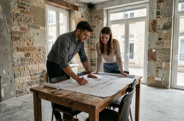 Jeune couple étudiant des plans architecturaux dans un appartement en rénovation à Lyon