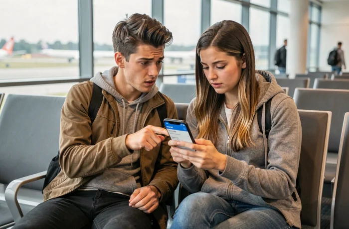 Couple consultant l'application easyJet sur smartphone dans un aéroport pour vérifier les informations de prénom sur leur réservation