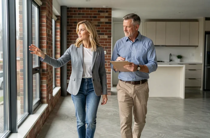 Couple visitant un appartement vide moderne lors d'un projet d'achat immobilier