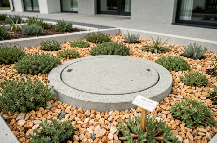Couvercle d'accès de fosse septique intégré dans un couvre-sol de thym rampant et sedums en jardin moderne