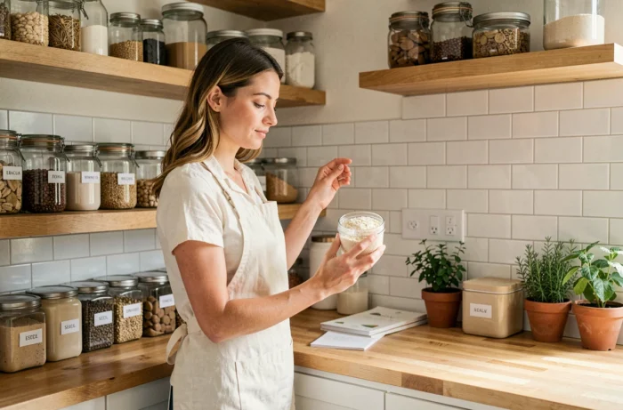 Femme organisant des bocaux en verre sur des étagères en bois dans une cuisine maison bien rangée