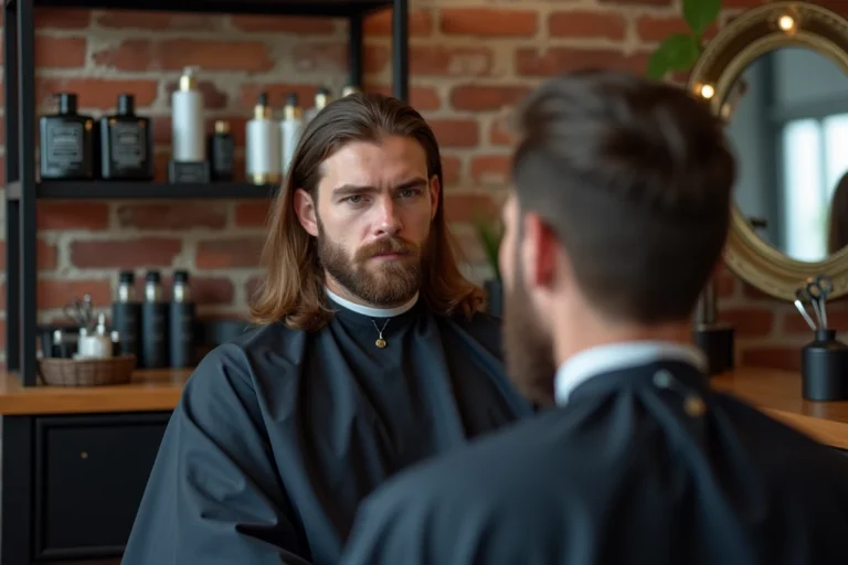 Homme aux cheveux longs avec un dégradé bas réussi assis dans un fauteuil de barbier moderne