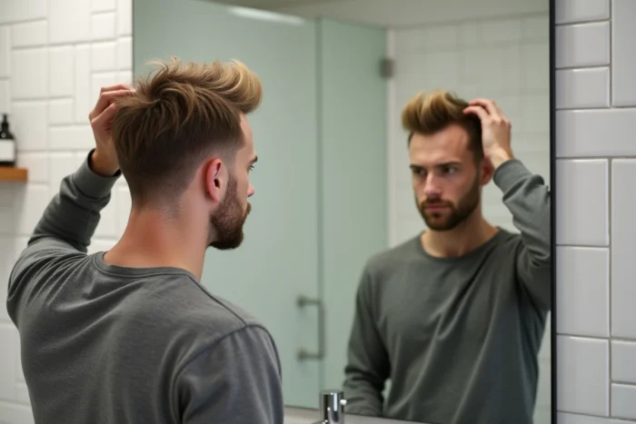 Homme aux cheveux longs mi-longs avec dégradé bas soigné se coiffant devant un miroir de salle de bain moderne