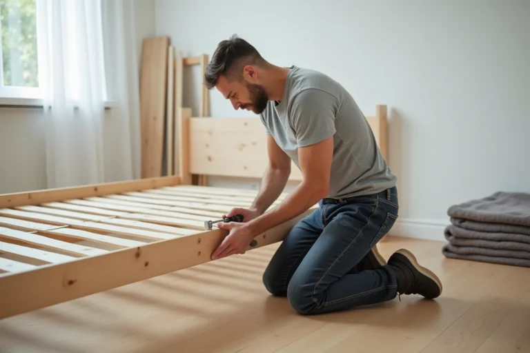 Homme démontant un sommier en bois en dévissant les fixations latérales dans une chambre minimaliste