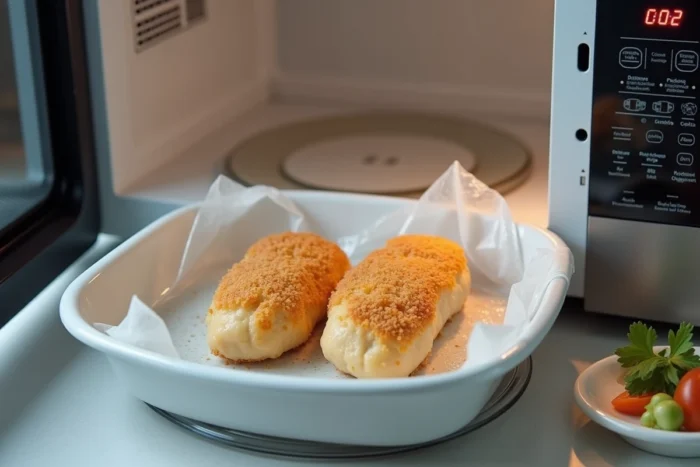 Deux cordons bleus disposés sur un plat allant au micro-ondes avec le minuteur réglé, prêts pour une cuisson rapide à domicile