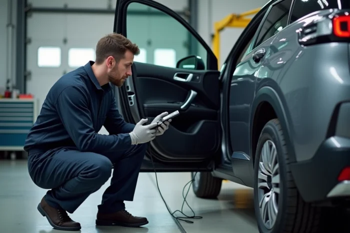 Technicien automobile diagnostiquant un voyant orange sur un Peugeot 3008 avec un scanner OBD