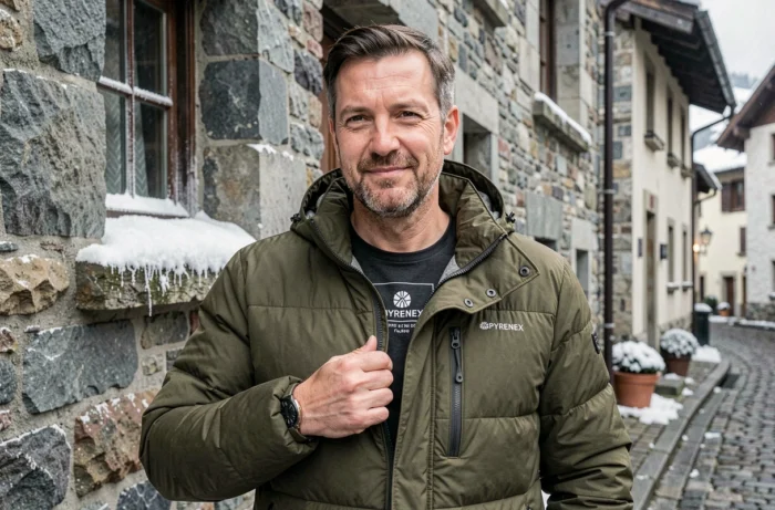 Homme portant une doudoune Pyrenex authentique en village alpin et montrant l'étiquette intérieure