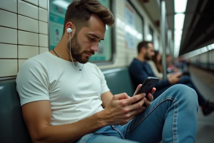 Homme dans le métro écoutant de la musique téléchargée sur smartphone, questionnant la légalité des plateformes de téléchargement musical gratuit
