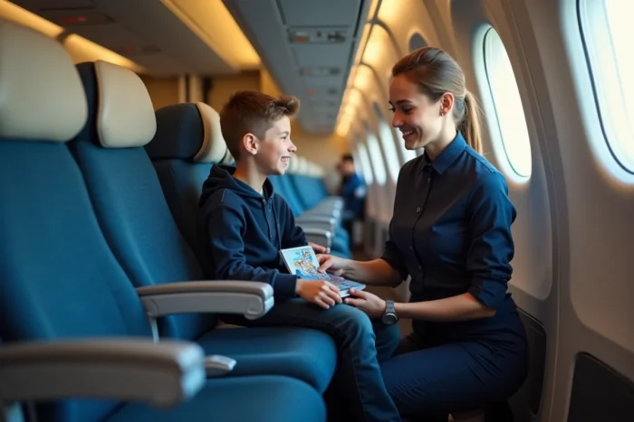 Enfant voyageant seul en avion accompagné par une hôtesse de l'air bienveillante dans la cabine