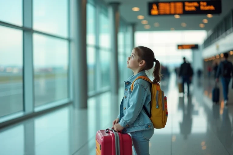 Jeune fille voyageant seule à l'aéroport avec sa valise à roulettes colorée près d'une porte d'embarquement