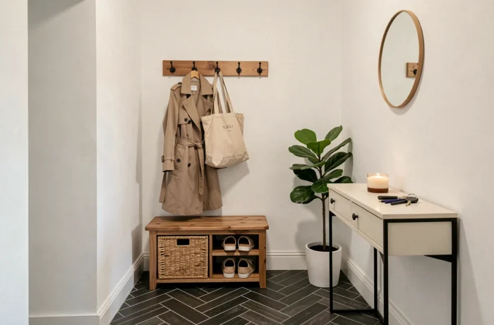 Entrée de maison organisée avec porte-manteau en bois, banc de rangement et plante verte décorative