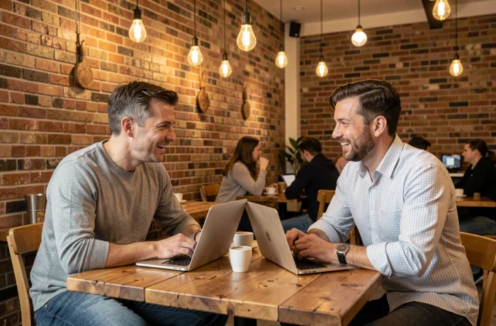 Deux entrepreneurs discutant de stratégie d'affaires autour d'un café dans un espace de coworking tendance