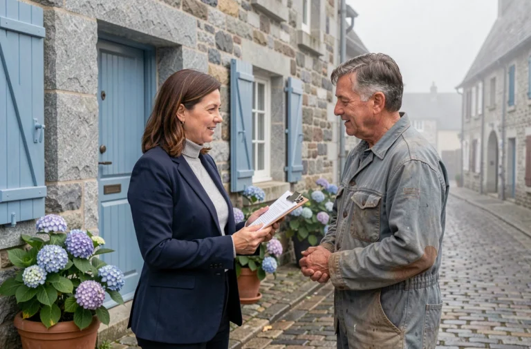 Entrepreneuse bretonne discutant d'un projet local devant un bâtiment en pierre granitique typique de Bretagne