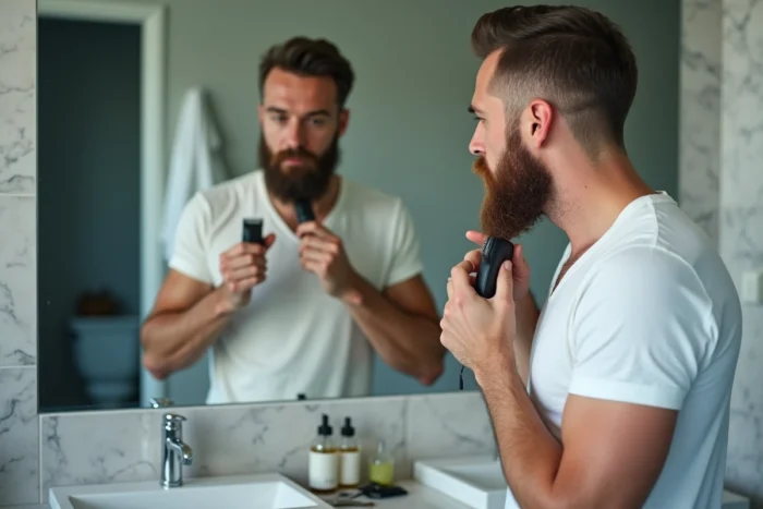 Homme entretenant sa barbe Van Dyke devant le miroir de sa salle de bain