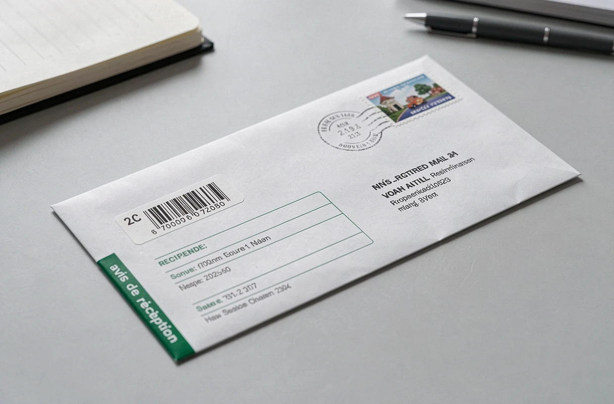 Gros plan sur une enveloppe de lettre recommandée 2C avec étiquette de suivi et avis de réception vert