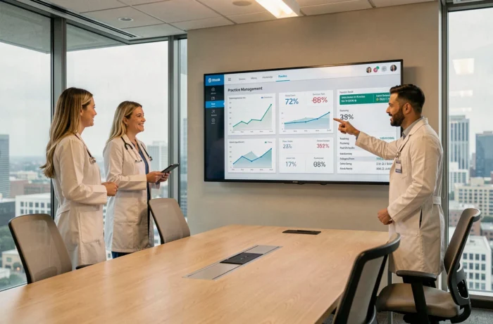 Équipe médicale analysant les données de gestion d'un cabinet sur un écran de tableau de bord numérique