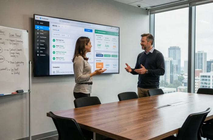 Équipe SEO collaborant sur une analyse d'outils et stratégies d'optimisation en salle de réunion