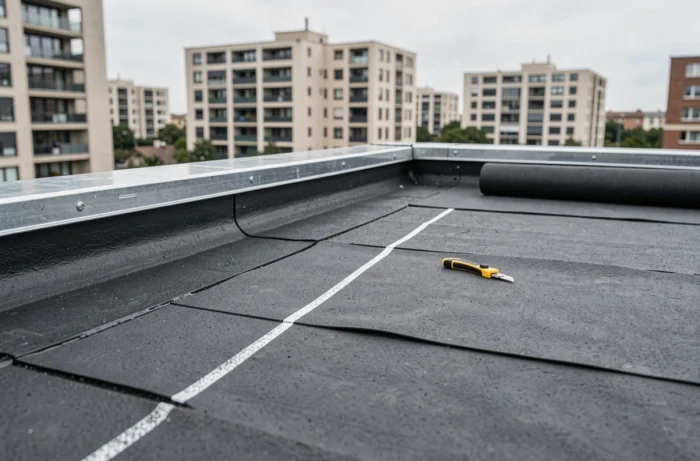 Détail de membrane d'étanchéité posée sur toiture plate lors de la mise hors d'eau en VEFA