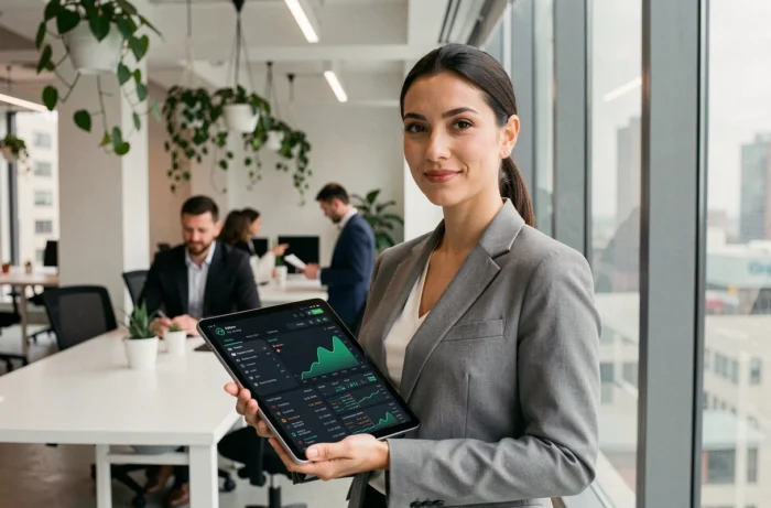 Femme professionnelle analysant un portefeuille de trading crypto sur tablette dans un espace de coworking moderne