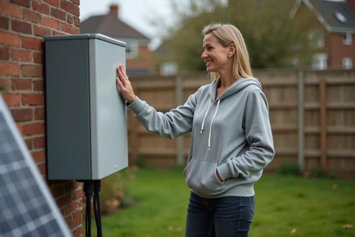 Femme expliquant un système de stockage batterie extérieur pour panneaux solaires 3000W dans un jardin résidentiel