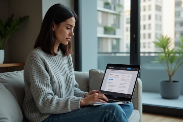 Femme comparant des annuaires de téléchargement sur un ordinateur portable depuis son salon moderne