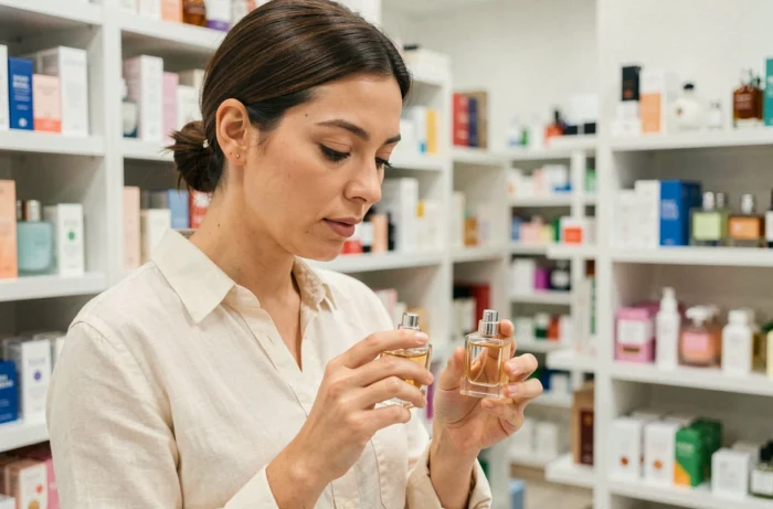 Femme comparant deux flacons de parfum abordables dans une boutique de cosmétiques pour trouver un dupe parfum Action