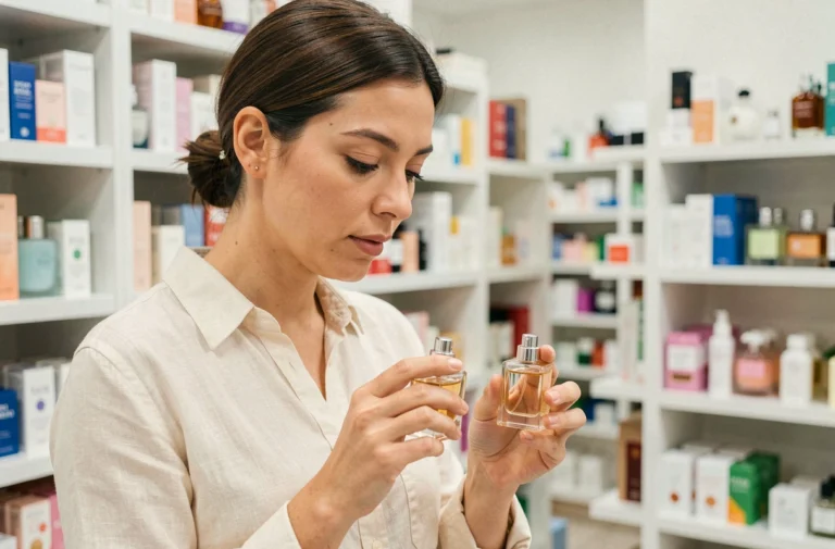Femme comparant deux flacons de parfum abordables dans une boutique de cosmétiques pour trouver un dupe parfum Action