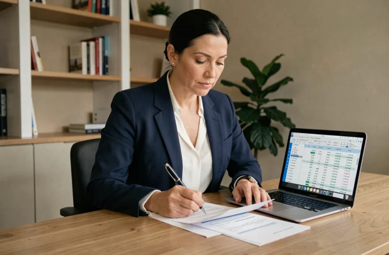 Femme consultant des documents de crédit immobilier modulable sur son bureau à domicile