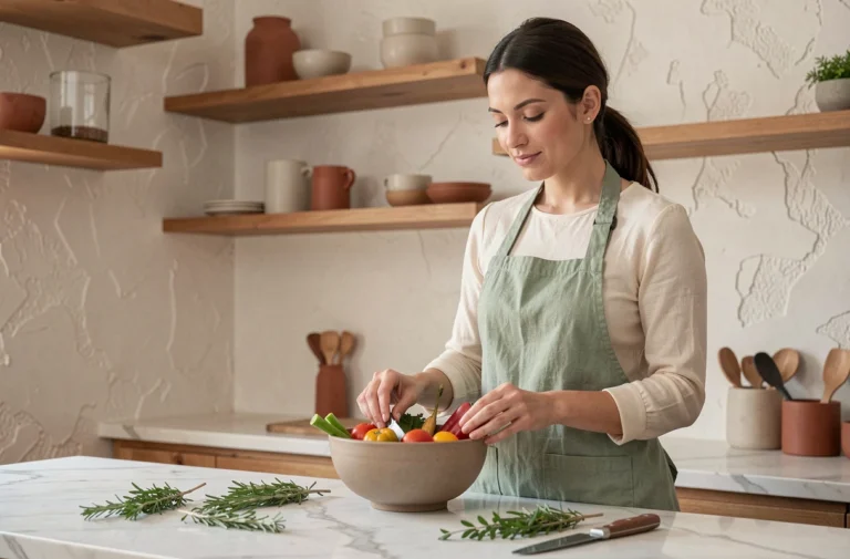 Femme en tablier de lin vert sauge arrangeant des légumes colorés dans un bol en céramique sur un îlot de cuisine moderne avec étagères en bois et plan de travail en marbre