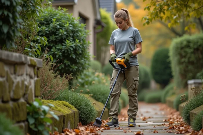 Femme tenant une débroussailleuse sans fil à batterie dans un jardin aux haies envahissantes à l'automne
