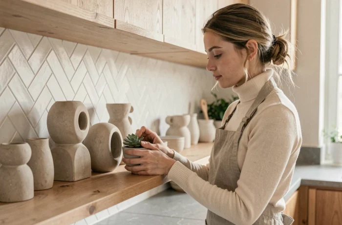 Femme arrangeant des céramiques artisanales sur une étagère en bois dans une cuisine de style Japandi minimaliste