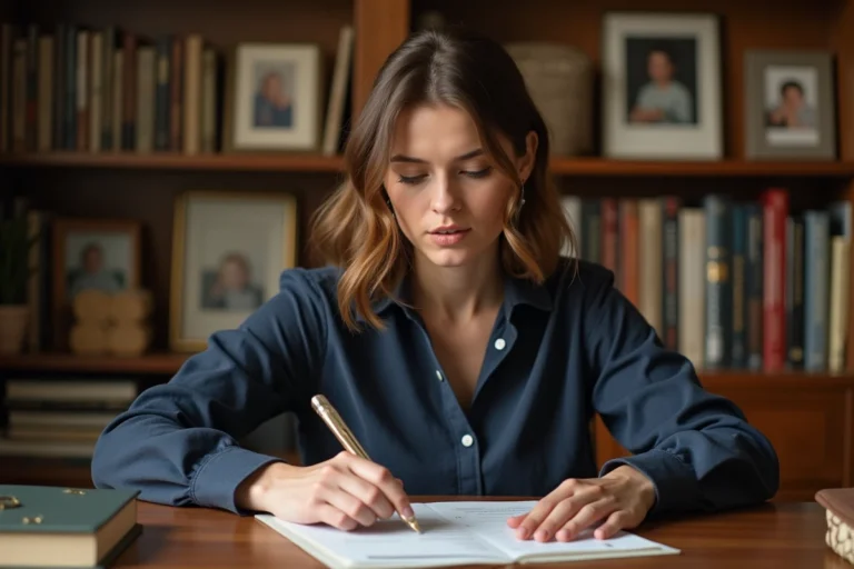 Femme consultant un document de naissance dans un bureau chaleureux, illustrant une recherche sur l'âge et la date de naissance