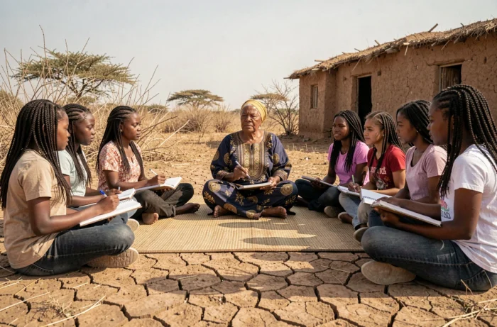 Femme âgée africaine enseignant à un groupe de jeunes filles dans un village rural, symbole de transmission du savoir et d'émancipation féminine
