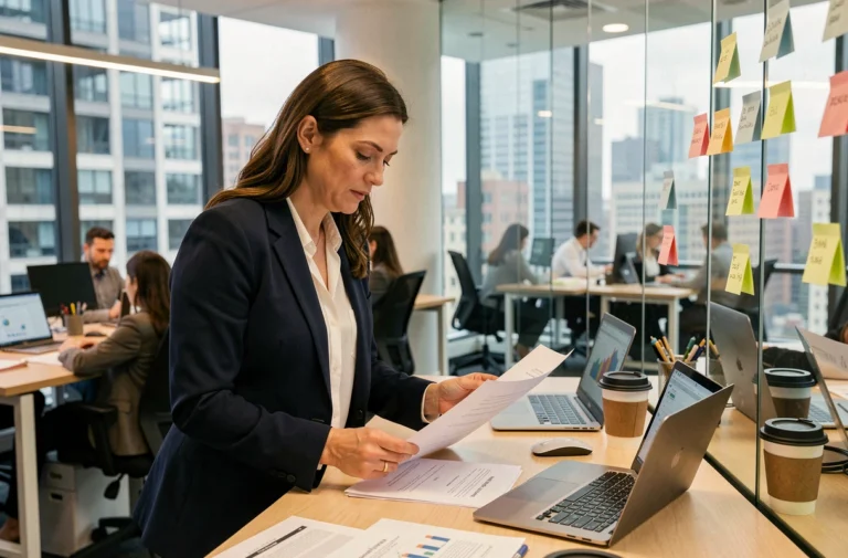 Femme entrepreneur en blazer marine analysant des rapports commerciaux dans un bureau moderne avec vue sur la ville