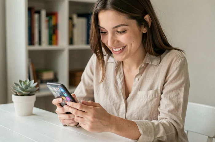 Jeune femme souriante consultant son compte Instagram sur smartphone pour augmenter ses abonnés gratuitement