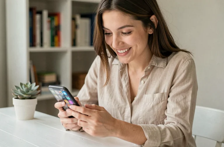 Jeune femme souriante consultant son compte Instagram sur smartphone pour augmenter ses abonnés gratuitement